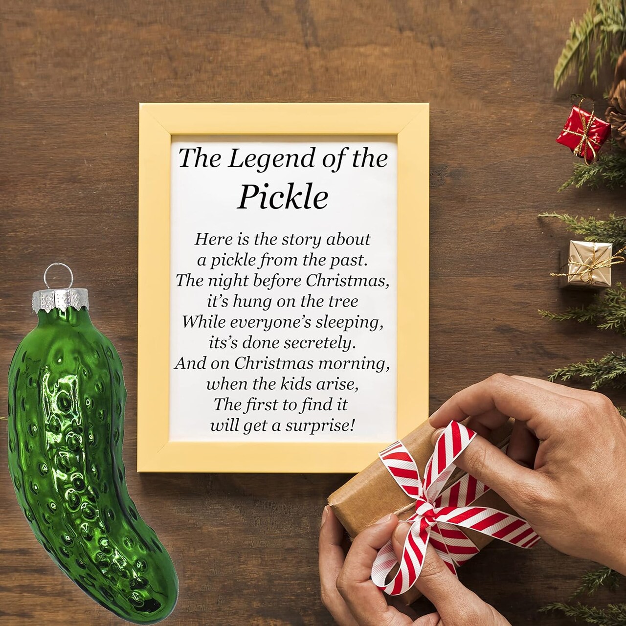 4E's Novelty 4 Pack Blown Glass Pickle Ornament for Christmas Tree, 4” Handcrafted Green Pickle Ornaments, Pre-Strung Shatterproof Holiday Decoration Set, Traditional Christmas Pickle Game Ornaments